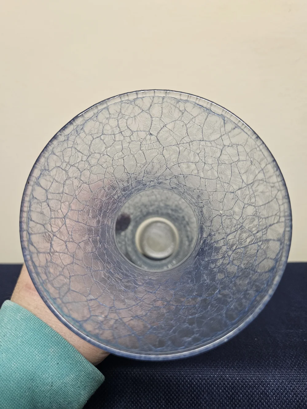 Pale Blue Crackle Glass Vase Flared Neck Curvy Silhouette 9 Inch Tall Decorative
